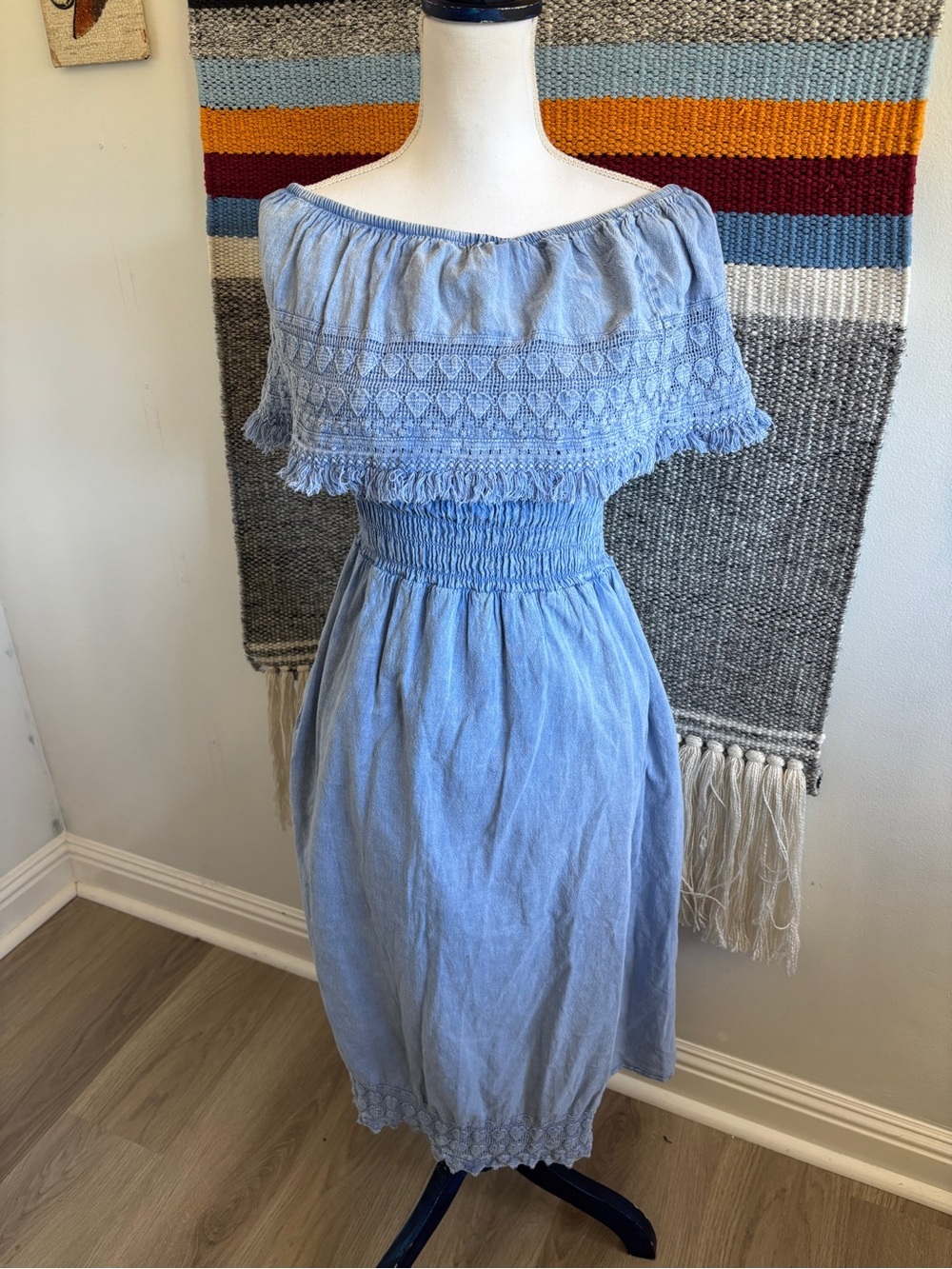 Seaspice Off-Shoulder Cotton Light Blue Smocked Midi Dress